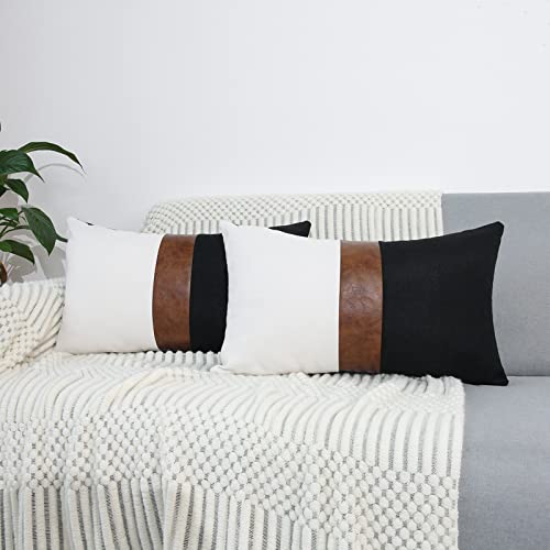 Cygnus Faux Leather Lumbar Pillow Covers 12X20 Inch Black And White Linen Lumbar Pillow Cover Modern Decorative Accent Cover For Couch Sofa #TOP4