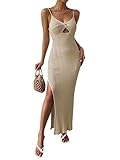 Verdusa Women's Cut Out Twist Front Sleeveless Split Side Bodycon Maxi Cami Knit Dress Apricot Small