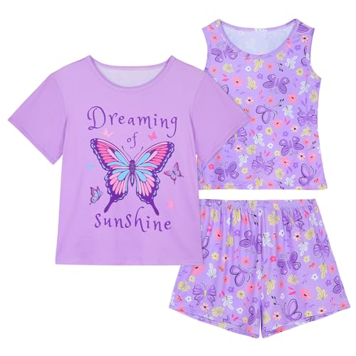 ICOSY Girls Pajamas 3 PCS Kids Pajamas Tank Tops, Short Sleeve Top and Shorts Clothes for Toddler Girls