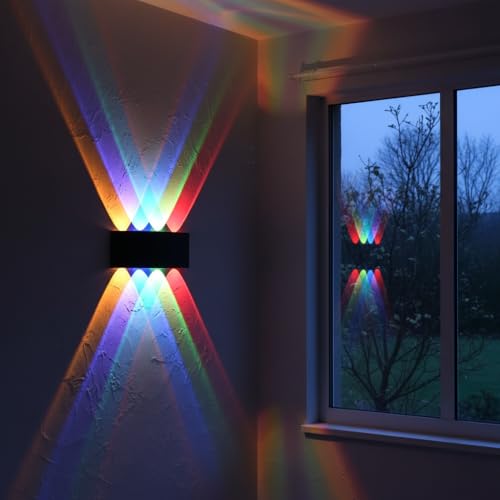 Image of FERA 8 Ray LED Wall Light Outdoor Waterproof - Multicolor (Red, Blue, Green, Yellow) 4 Up 4 Down Ray Lamp for Home Decoration, Elevation & Balcony - Fancy Exterior Lights (IP65, Black) 8 Ray Color
