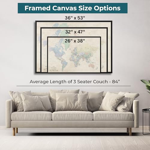 Image of Push Pin Travel Maps Sandy Dreams World Pin Board - Personalized Canvas Travel Map with Pins, Adventure Wall Art Decor for Tracking Trips - Black Float Mount Frame - 30 inch x 45 inch