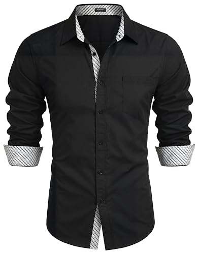 COOFANDY Mens Dress Shirts Long Sleeve Button Down Shirts Untucked Wrinkle-Free Business Casual Shirts Black-White