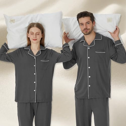 Matching Pajamas for Couples, Button Up Pjs Set for Men and Women Soft Warm Loungewear(Dark Grey Men, X-Large)2