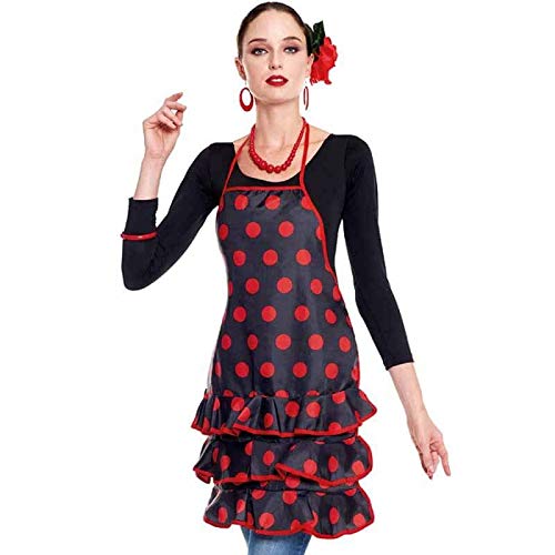 Delantal Sevillana Flamenca Lunares【Negro Lunares Rojos】| Accesorio Feria Abril Delantal Cocina Mujer Original 1 UNIDAD
