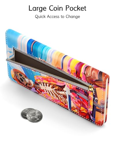 Image of Nipichsha Womens Wallet, RFID Slim Wallets for Women, Thin Ladies Credit Card Holder Purse, Cute Leather Bifold Clutch Billfold with 11 Card Slots & ID Window, Beach Skull