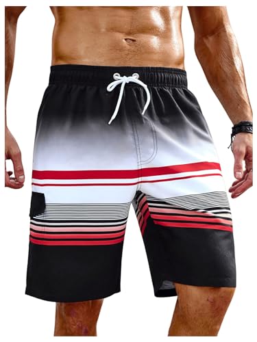 WDIRARA Men's Striped Drawstring Waist Swim Trunks Summer Beach Shorts with Pockets