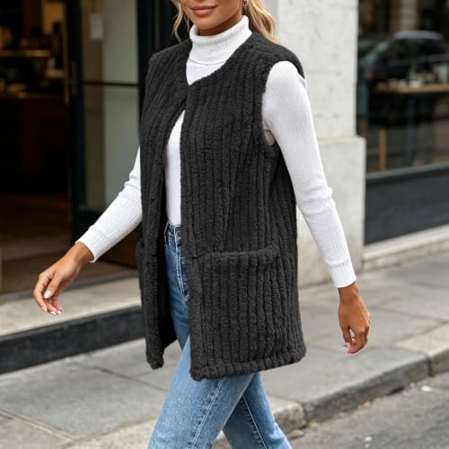 Womens Sherpa Fleece Vest Open Front Longline Pockets Casual Fall Layering - image 8