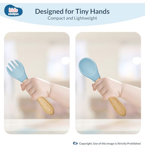 Image of Kids Station 3 Piece BPA-Free Silicone Baby Feeding Set - Baby Plate - Spoon and Bowl - Make Mealtime Fun - Microwave Safe - Unbreakable Eco-Friendly - Organic & Natural (Blue)