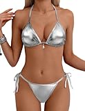 Tainehs Women's Sexy Halter Bikini Set Triangle Top String Swimwear Two Piece Swimsuits Cheeky Bathing Suit Silver