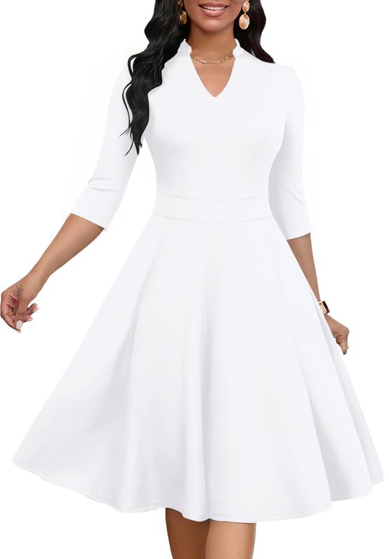 Church Dress for Women V Neck 3/4 Sleeve Midi Causal Cocktail Party A-Line Dresses with Pockets