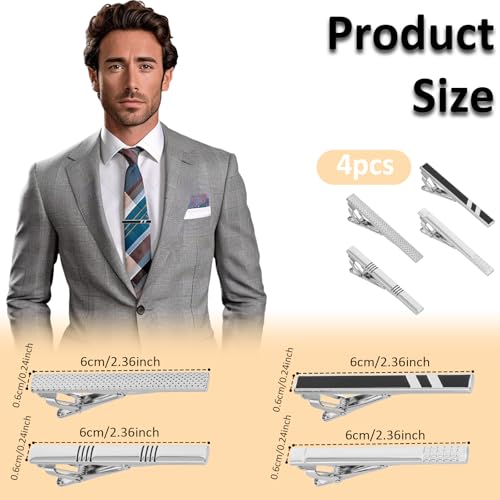 4 Pack Stainless Steel Tie Clips For Men, Classic Silver Ties Bars for Regular Ties, Men's Tie Clips for Formal Business Wedding Party Fathers Day Gift2