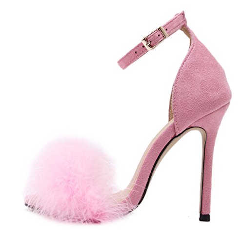 Image of MMJULY Women's Open Toe Ankle Strap Fluffy Feather Stiletto High Heel Dress Sandal