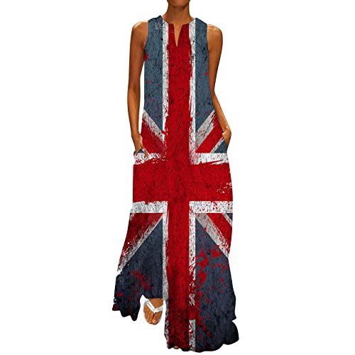 HOOUDO Womens Summer Union Jack Dresses Long Maxi Coronation Dresses 90s Fancy Dress Costumes Casual Sleeveless Sun Beach Dress Ladies British Flag Dress Union Jack Clothing with Pockets Grey