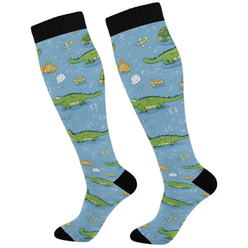 Pigsaly Alligator Crocodile Women's Compression Socks Fish Wave Ocean Athletic Tube Sock Unisex Casual Knee High Socks Outdoor Sport Socks For Running Hiking Travel