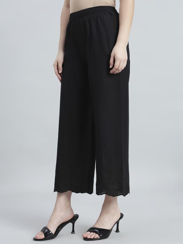 Image of GO COLORS Women Cotton Hakoba Wide Pant Ankle Length, Floral Embroidery, Relaxed Fit, Mid-Rise with Side Pocket