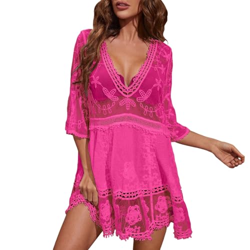 Hanraz Bikini Cover up Damen - Strandkleid Damen Sexy Bikini Badeanzug Cover Up Kleid V-Ausschnitt Spitze Stickerei Sonnenschutz Transparente...
