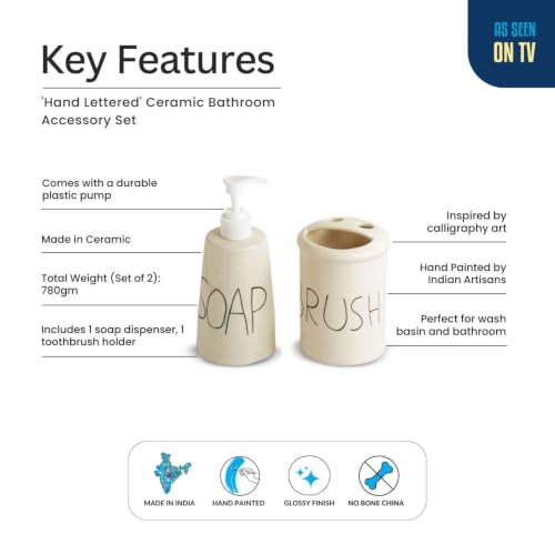 Image of ExclusiveLane 'Hand Lettered' Hand-Painted Ceramic Bathroom Accessories Set of 2 (Liquid Soap Dispenser for Wash Basin, Paste & Toothbrush Holder) |Handwash Dispenser |Bathroom Organiser Set