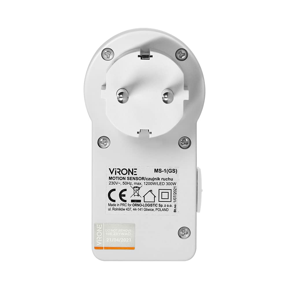 Virone MS-1(GS) Prise détecteur de Mouvement 120 degrés IP20 280W Time Réglage du Temps d'éclairage Réglage de la Zone de détection Sens Version Schuko - Produit pour Le Marché Allemand.