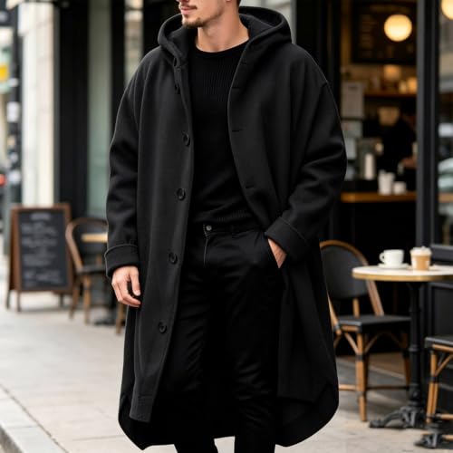 Mens Trench Coat Single Breasted Long Pea Coat Hooded Winter Overcoa - image 2