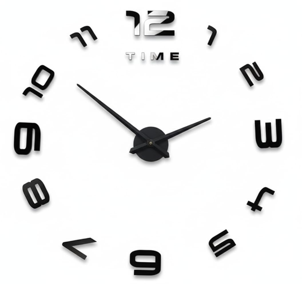 DIY Large 3D Wall Clock with Black Arabic Numbers, Frameless Modern Wall Clock with Silent Quartz Movement for Living Room, Bedroom, Office & Home Wall Decor