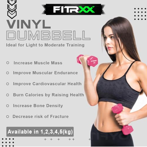 Image of Fitrxx Vinyl Dumbbells With Stand | Men and Women | Non-Slippery Dumbbell for Home and Gym | Full Body Workout (Pink, 1 kg, 2 kg, 3 kg = 12 Kg)