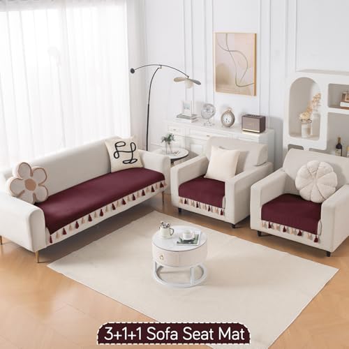 Image of HOKIPO 5 Seater Sofa Cover Mat with Tassel in 3+1+1 Configuration | Dyed Holland Velvet Fabric | 'TasselTone Series' | Wine Red (IN-1108+1104-MRN*2)