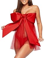 NewBull Sexy Unterwäsche Frauen Rot Großer Satin Schleife Babydoll Dessous Transparent Tüll Strapless Minikleid Klassisch Rückenfrei Röhrenkleid Weihnachten Valentinstag Cosplay Kostüme für Damen