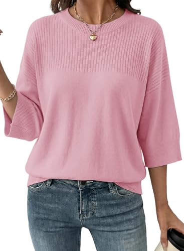 Dokotoo Women's Summer Oversized Crewneck Cute Drop Shoulder 3/4 Sleeve Cropped Lightweight Casual Knit Tops Fashion Trendy Soft Trendy Sweaters for Women 2026 Spring Pink