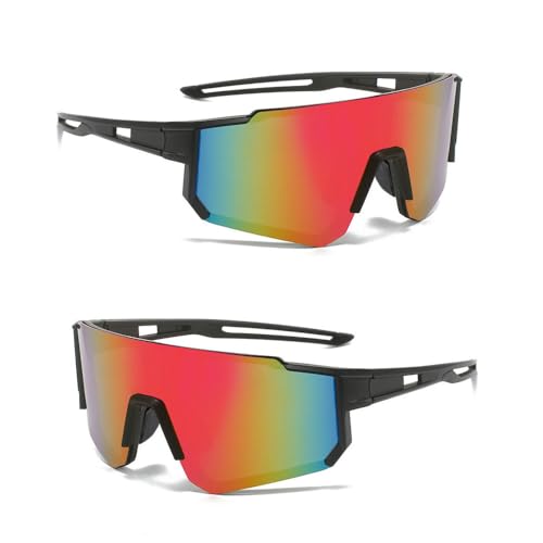 KOMUNJ 2 PCS Occhiali da Ciclismo Polarizzati, Occhiali da Sole Sportivi, Occhiali da Ciclismo Polarizzati da Uomo e Donna, Adatti per ciclismo, corsa, alpinismo,montatura nera con pellicola rossa