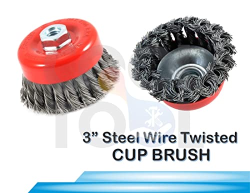 CoolTool 3-Inch Steel Twisted Wire Cup Brush For Removing Rust, Paint And Polishing For 4-Inch Angle Grinder (M10 Thread) (Red)