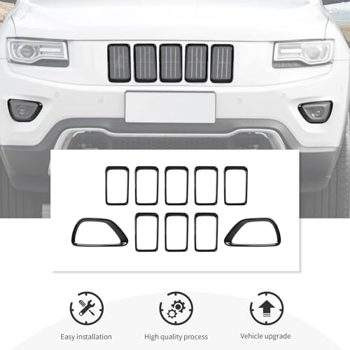 Image of CheroCar Front Grill Inserts+Front Fog Light Cover Trim for Jeep Grand Cherokee 2014-2016,Gloss Black Grille Ring & Bumper Vent Exterior Accessories