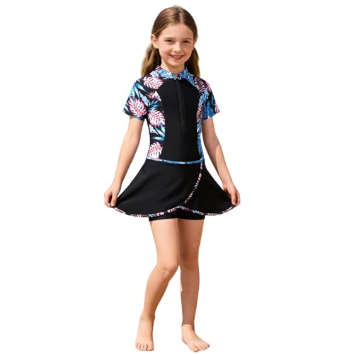 Traje de baño de dos piezas para niña con manga larga y falda floral