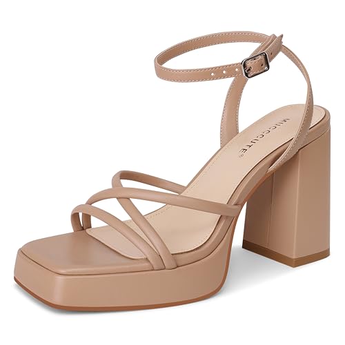 MUCCCUTE Platform Heels for Women Strappy Chunky Heeled Sandals Square Open Toe Ankle Strap Comfortable Wedding Party Evening Prom Dress Shoes