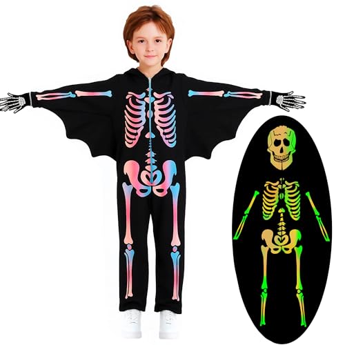 Luckrizyy Kids Skeleton Costume Halloween Toddler Luminous Scary Skull Bones Jumpsuit Boys Girls Scary Bodysuit Cosplay Costumes With Zipper Kid 8-10Y