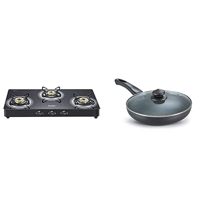 Prestige Royale Plus Schott Glass 3 Burner Gas Stove (Black) & Omega Deluxe Granite Fry Pan with Lid, 260mm,Black Combo