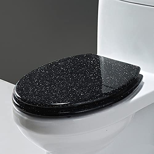 Black Sparkly Resin Elongated Toilet Seat with Thicken Design and Slow Close Feature Easy to Clean & Install Durable Stainless Steel Hinge
