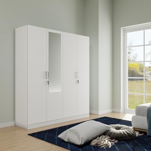 Image of VIKI Wardrobe | Wooden Almirah for Clothes,Door for Bedroom, 4 Door Wardrobe with Shelves, Mirror & Hanging Space (Frosty White - 40D x 160W x 180H) | 1 Year Warranty | Free Assembly