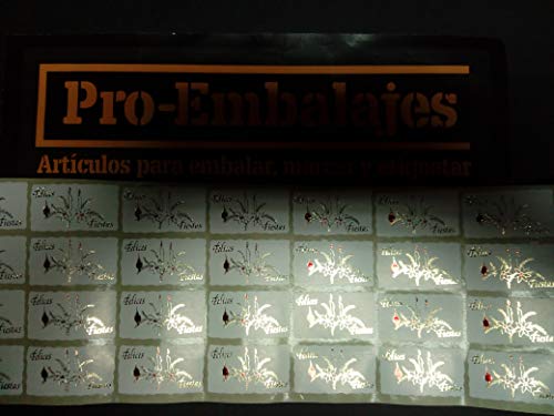 500 Etiquetas adhesivas FELICES FIESTAS (velas). Hechas en papel couche blanco, de tamaño 45x25 mm. e impresas en tinta roja y estampado oro. Se suministran en 1 rollo.