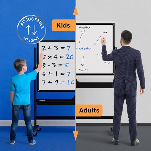 Image of Rolling Dry Erase Board 46 x 32 - Large Portable Magnetic Whiteboard with Stand - Double Sided Easel Style Whiteboard with Wheels - Mobile Standing White Board for Office, Classroom & Home