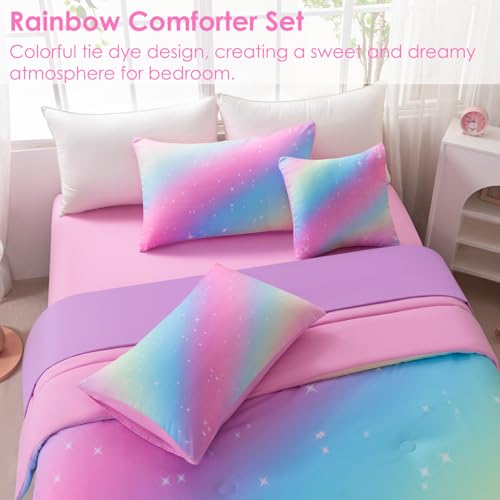 Image of 6Pcs Glitter Rainbow Kids Bed in A Bag Full Size Pink Teal Ombre Girls Bedding Comforter Set with Sheets Tie Dye Galaxy Gradient Bed Set (Pink Rainbow, Full)