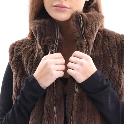 Amazhiyu Women's Faux Fur Vest Winter Sleeveless Stand Collar Zip Coat Pockets3