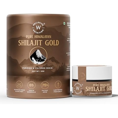 WELLBEING NUTRITION Pure Himalayan Shilajit Gold Resin for Strength, Stamina, Performance, Stress Relief and Vitality | Ashwagandha, Safed Museli & Swarna Bhasma (24K Gold Leaf) | Lab Tested - 20g Cover
