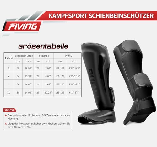 FIVING MMA Kampfsport Schienbeinschützer – gepolsterte, verstellbare Thai Boxschienbeinschützer, mit Spannschutz, geeignet für Taekwondo/Mixed Kampfsport Training und Sparring (L, Schwarz)