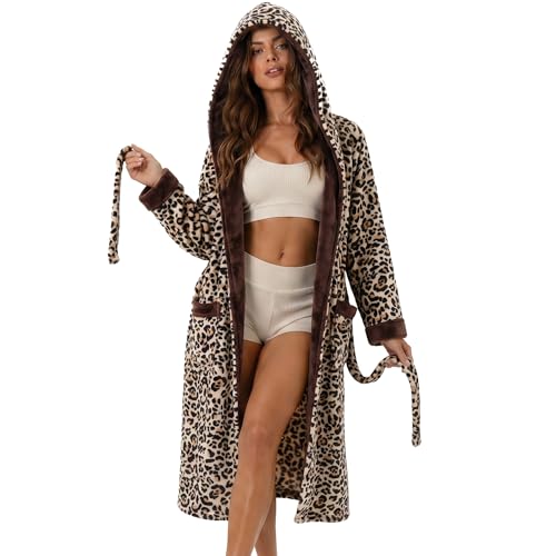 U2SKIIN Womens Hooded Leopard Print Fleece Robe Long Plush Flannel Bathrobe with Pockets Cozy Y2K Housecoat (Black Leopard-Yellow S/M)