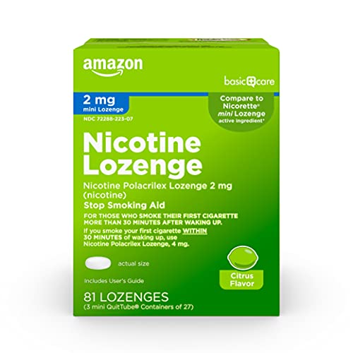 Image of Amazon Basic Care Mini Nicotine Polacrilex Lozenge, 2 mg, Citrus Flavor, Stop Smoking Aid, Smoking Cessation, Reduces Withdrawal Symptoms and Nicotine Cravings, 81 Count (Pack of 12)
