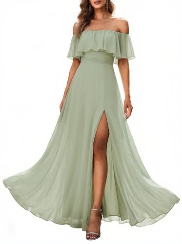 Ever-Pretty Women's Elegant Off The Shoulder Side Split High Waist Flowy Chiffon Maxi Bridesmaid Dress Formal Dresses Mint Green US12