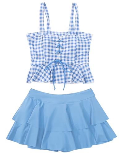 Image of KORADI Girls' Bikini Sets 2 Piece Swimsuits Check Print Ruffled Bathing Suit Kids Swimwear Beach Shorts with Cover Up Skirt Bow blue L, 11-12 Years