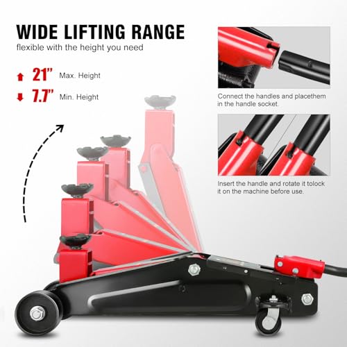 Image of DNA Motoring 3 Ton Low Profile Floor Jack, 3 tons (6000 lbs) Capacity Fast Lift Hydraulic Trolley Service /Floor Jack, 7.7-21 inch Lifting Range, Red, TOOLS-00674-RD
