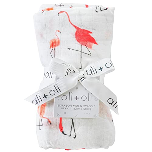 Image of Ali+Oli Muslin Swaddle Blanket for Baby (Flamingo) Large 47 inch x 47 inch Soft Rayon Made from Bamboo & Organic Cotton, Machine Washable Receiving Blanket Wrap for Newborn to Toddler