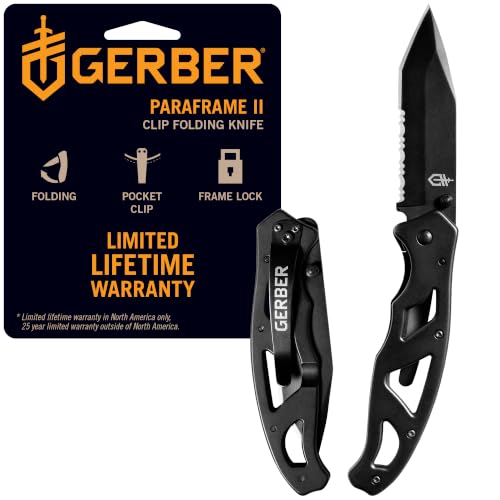 Gerber Gear Paraframe II EDC Folding Pocket Knife, 3.5' Tanto Point Serrated Edge with Safety Frame Lock, Black